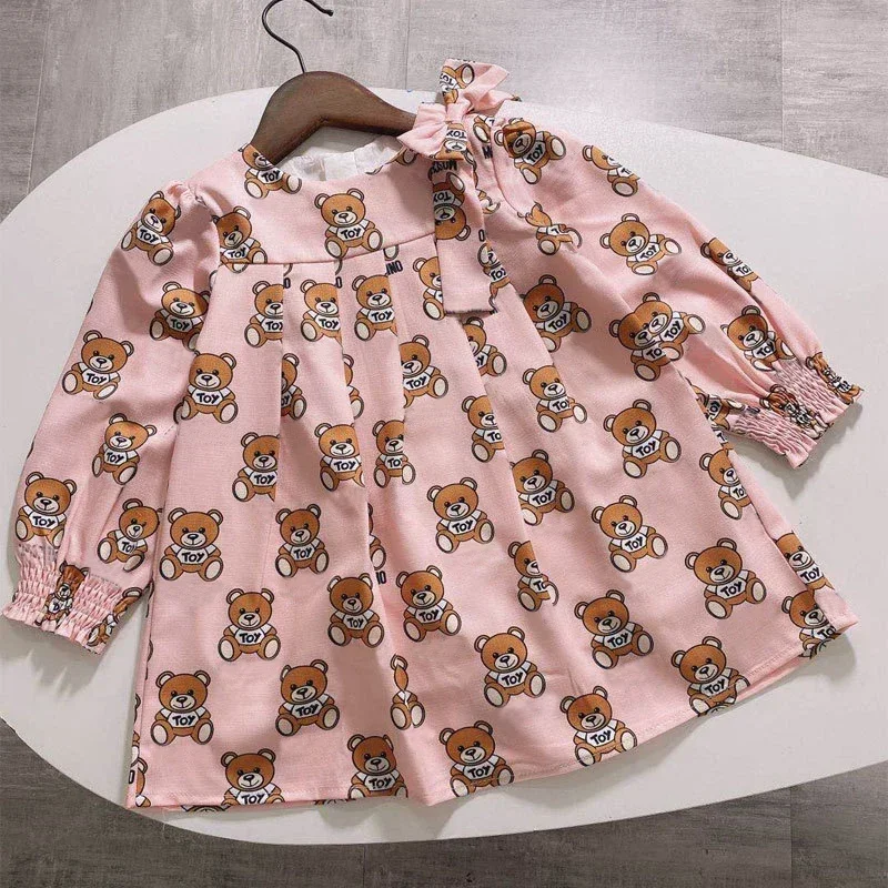 M02 Summer Fashion Brand Mattresses Cartoon Letter Style Kids Clothes Bear Print Baby Girl Princess Dress 2-8 Years