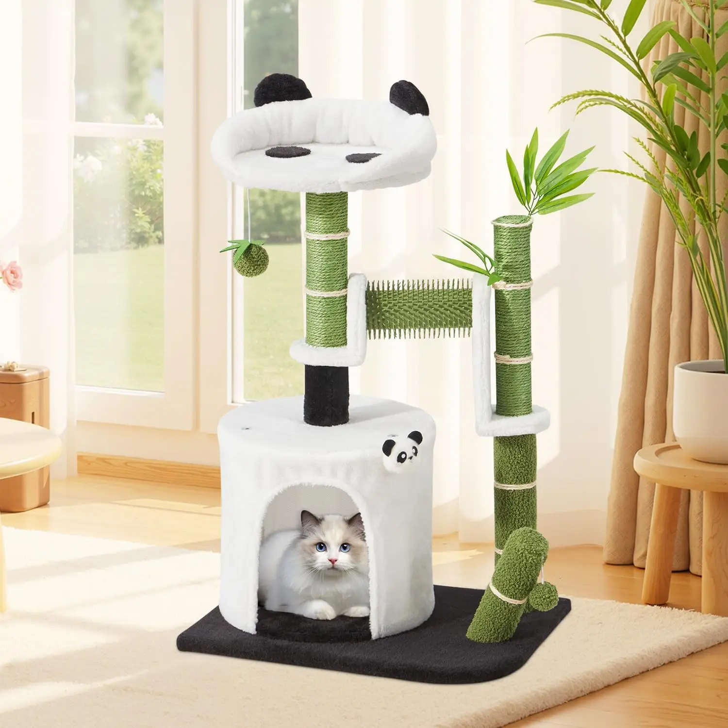 

Panda Cat Tree, 30.7' Indoor Cat Tower with Self Groomer, Two-Layer Modern Cat Scratching Post Interactive Toy with Dangling