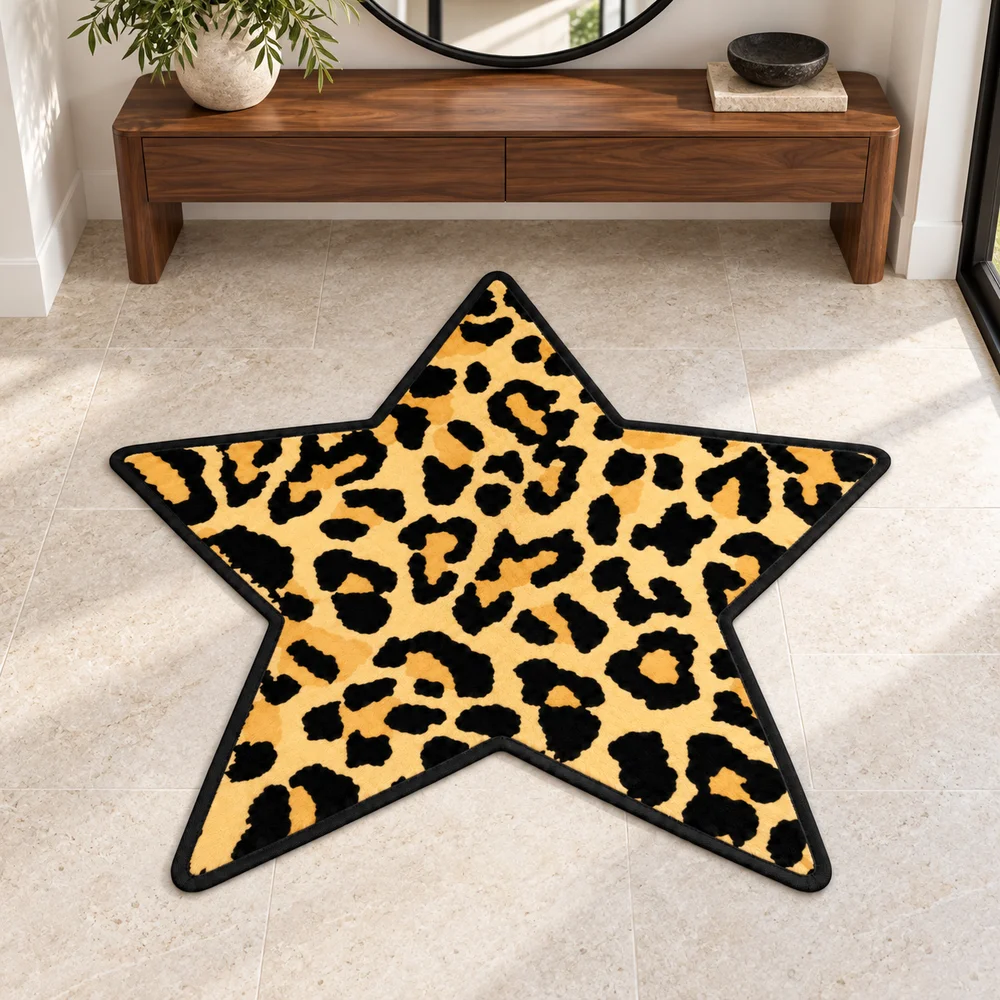 Dark Art Leopard Print Star Shaped Area Rug, Irregular Flannel Floor Mat for Bedroom Living Room Entryway Home Decor Gift