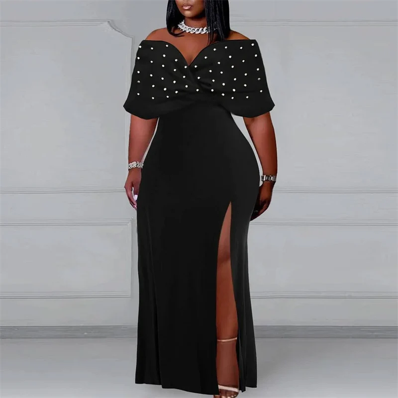 

Sexy Off The Shoulder Pearl Maxi Dress Women Elegant V-neck Backless Side Split Party Night Club Long Dress Vestidos Para Mujer