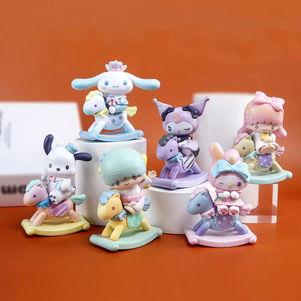 

6 Pcs/Set Sanrio Kuromi Rocking Horse Series Anime Cartoon Doll Model Toy Cinnamoroll Riding A Wooden Horse Toy Hobby Ornament