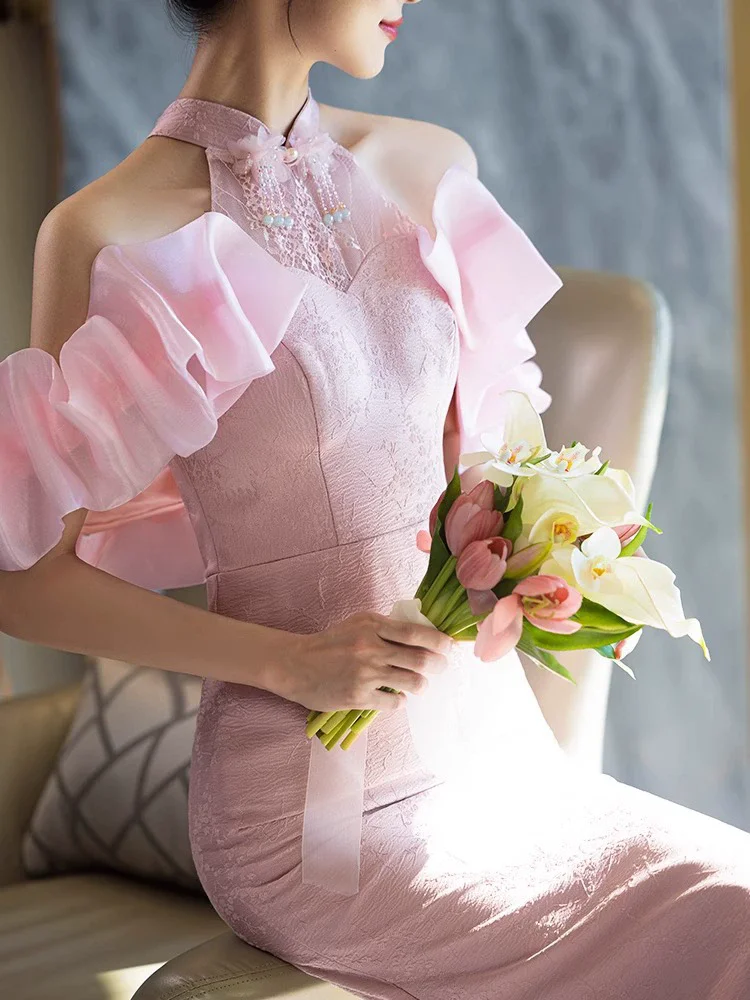 فستان زفاف الزفاف النمط الصيني الجديد ملابس الخطوبة نخب مثير سليم ذيل السمكة شيونغسام موضة مطرزة رائعة تشيباو #4