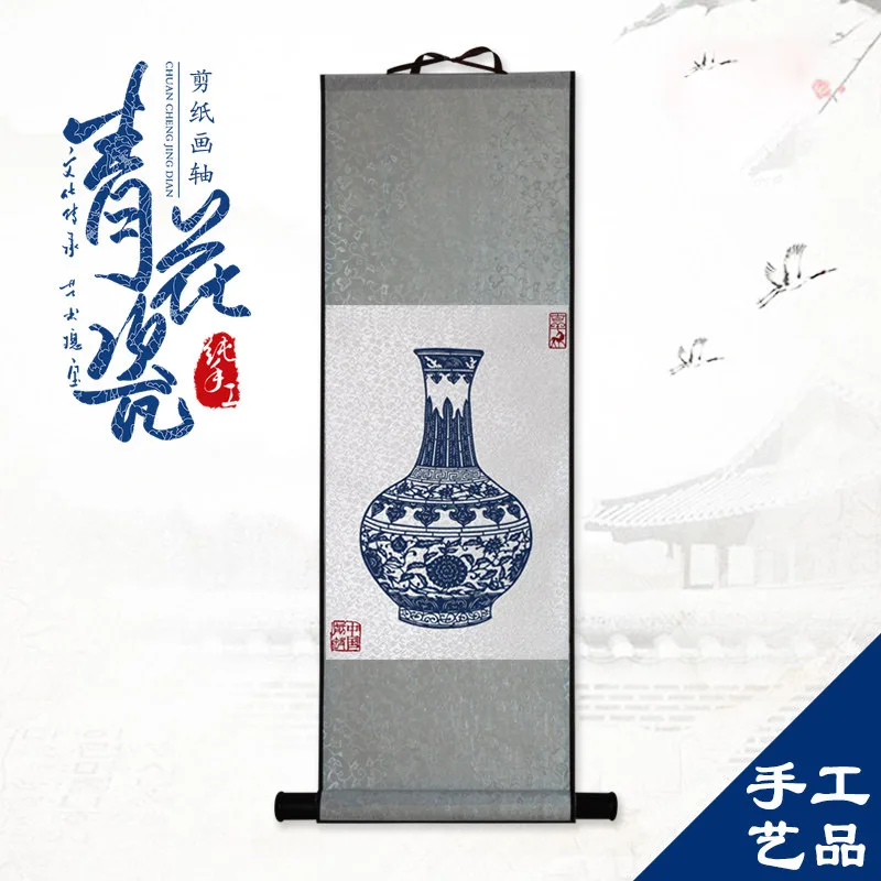 Chinese Handmade Paper Cut Blue and White Porcelain Window Decoration Hanging Scroll Oriental Gift 35x80cm