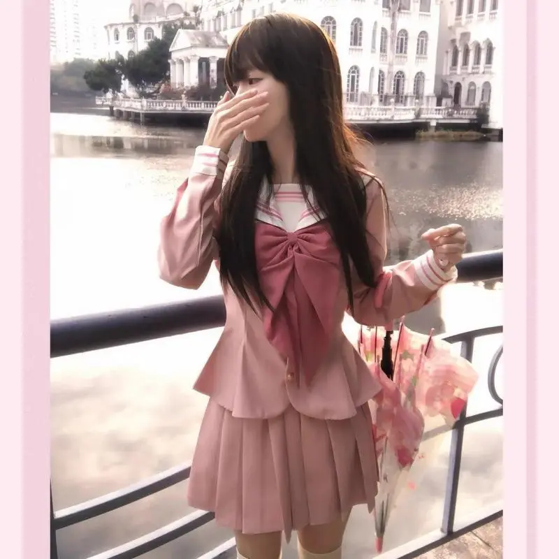 

Sweet Patchwork Sailor Collar Bow Slim Fit Tops Women+ Y2k E-girls High Waist Pleated A-line Skirts 2025 New Two Piece Sets