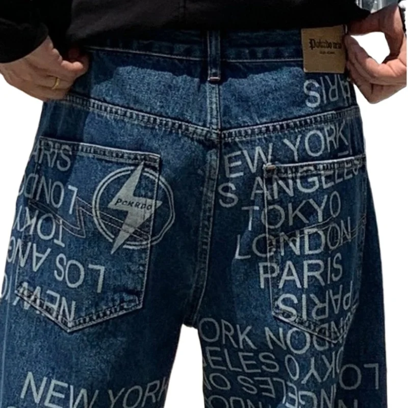 

American High Street Laser Full Print Lightning Jeans Men's Trendy Loose Straight Casual Long Pants Men's Jeans