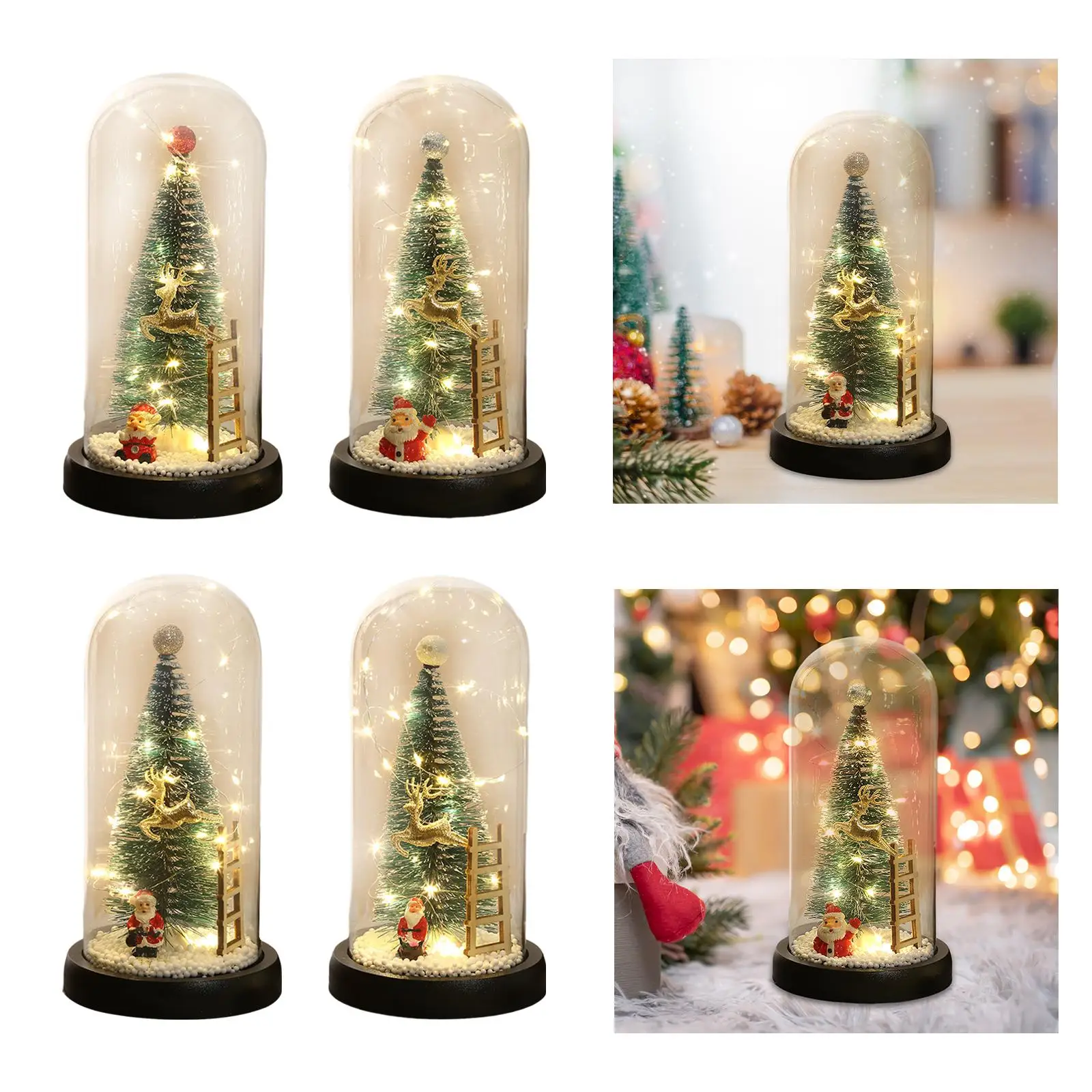 Christmas Tree in Glass Cover with Light Santa Claus Miniature for Home Decor