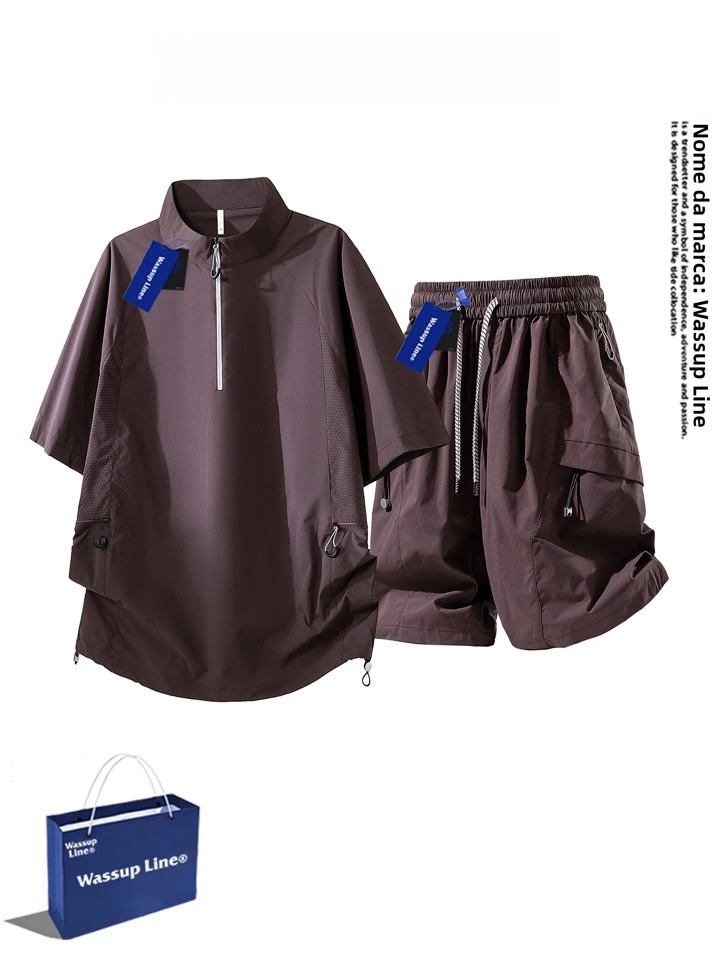 wassup-line-casual-sports-set-men's-summer-stand-collar-short-sleeve-t-shirt-five-quarter-pants-fashionable-two-piece-suit