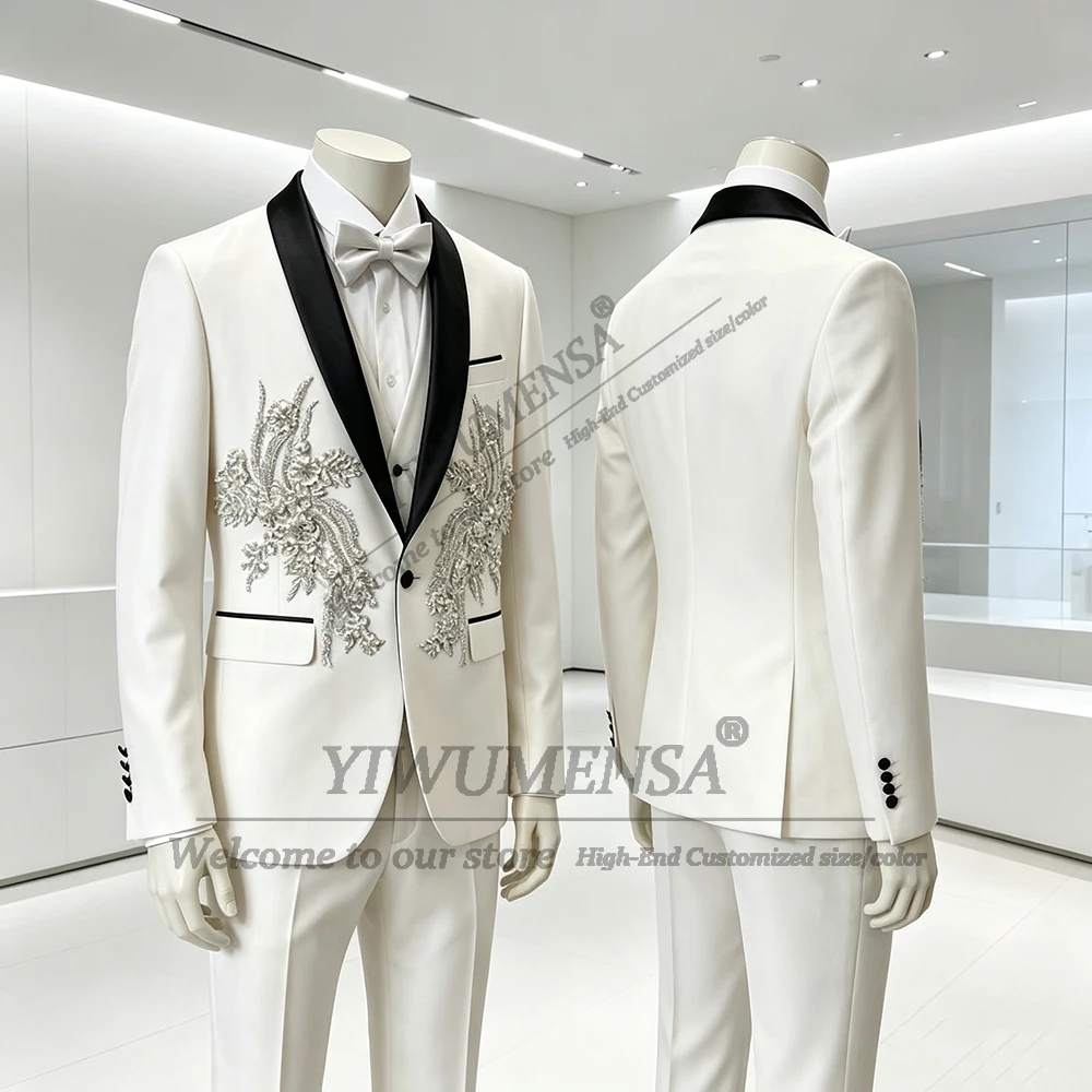 Exclusive Beaded Stones Appliques Suit Men For Wedding Black Shawl Lapel Prom Blazer Customizd Groom Tuxedo Attire Formal Wear