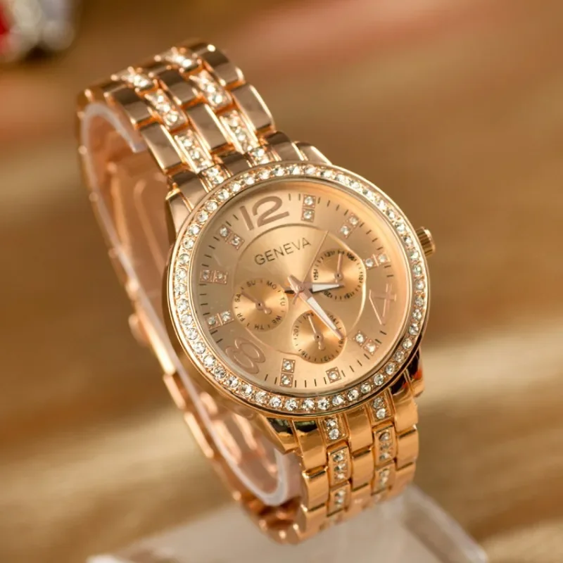 Women's Watch Rhinestone Three Eyes Quartz Stainless Steel Strap Wristwatches Luxury Business Fashion Large Dial Gift for Women