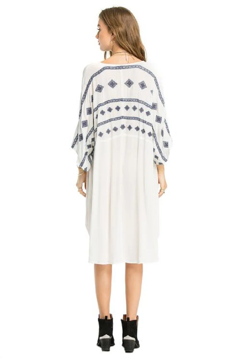 Beach Cover Up Dress - Bikini Cover-up V-neck Beachwear Tunic Long Sleeves Sundress with Navy Geometric Embroidery