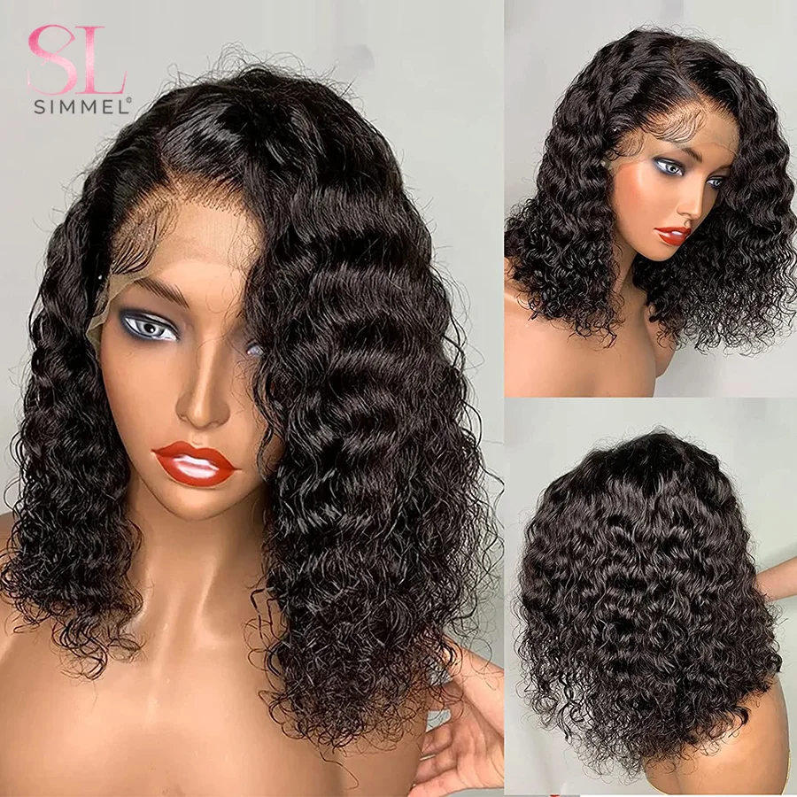 Water Curly Human Hair Bob Wig Water Lace Front Human Hair Wigs For Women Pre Plucked Peruvian Glueless T Part Lace Wig 180%