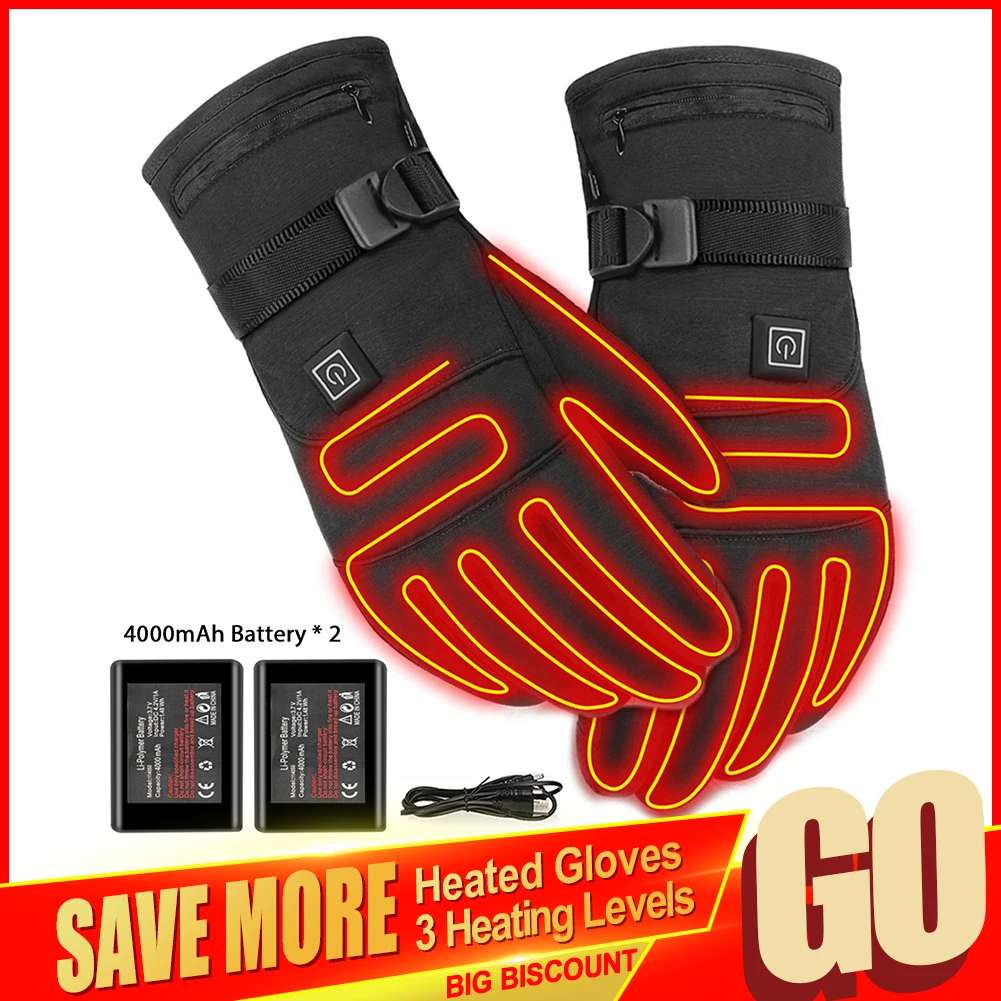 Electric Heated Gloves With 3 Levels 4000mAh Rechargeable Battery Powered Heat Gloves Winter Outdoors Thermal Skiing Warm Gloves