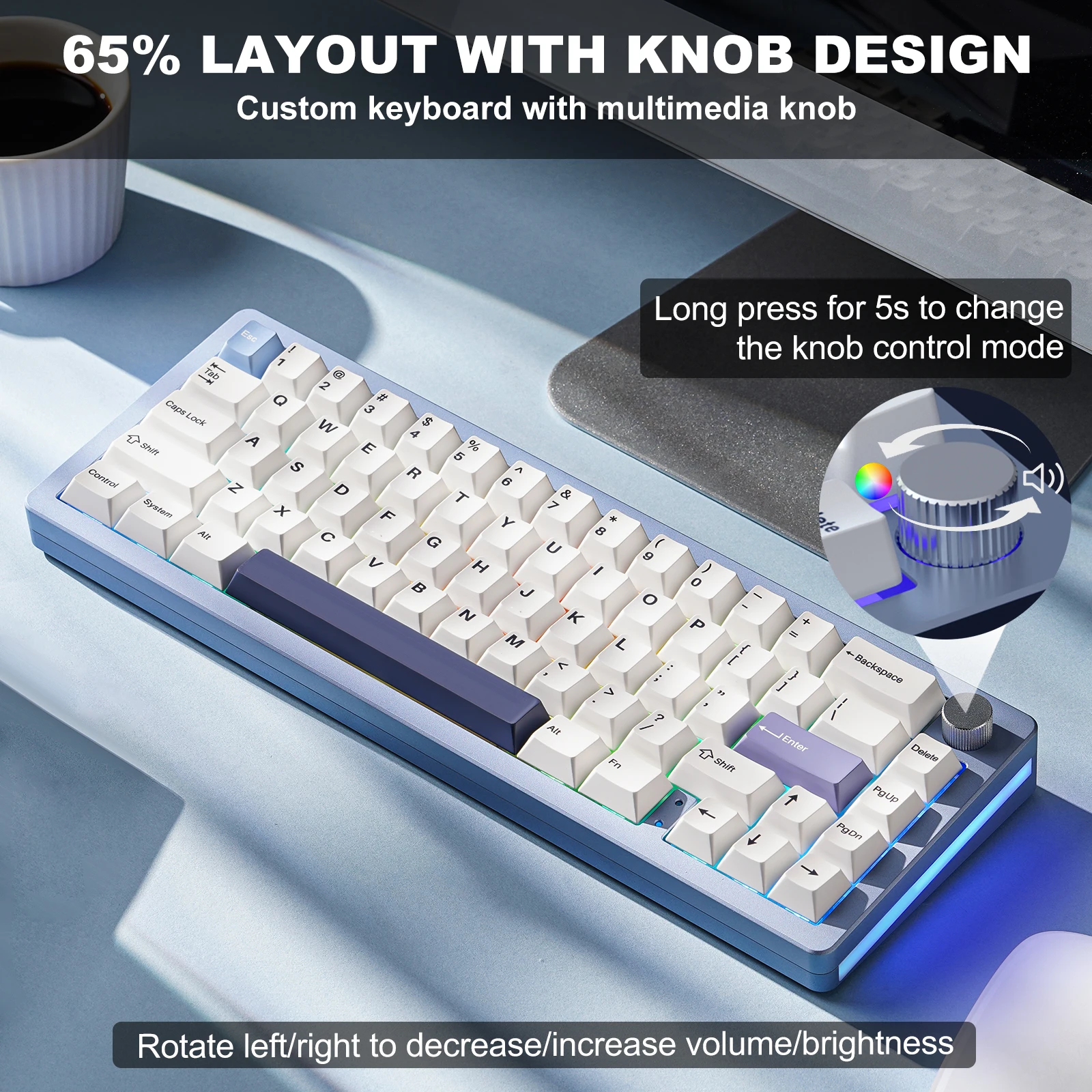 Yunzii al66 blau 66-Tasten cnc Aluminium knopf drahtlos Bluetooth/2,4g/verdrahtet Hot-Swap-Dichtung montiert RGB mechanische Gaming-Tastatur