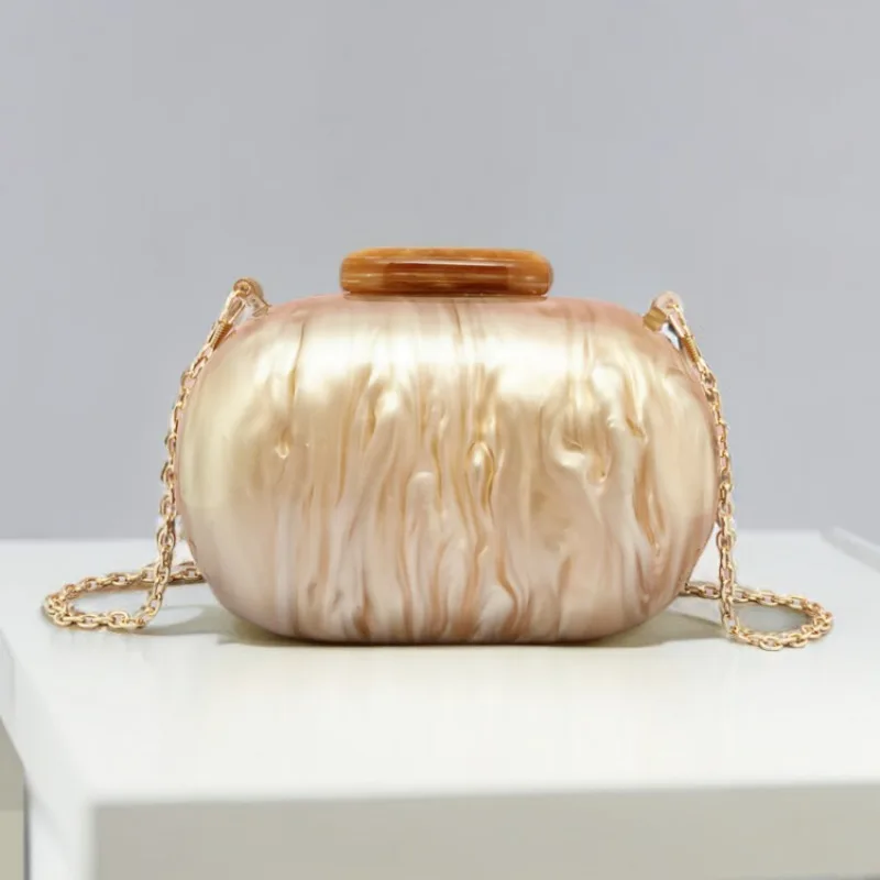 2024 New Oval Acrylic Evening Bag European American Fashion Solid Small Handbag Clutch For Women Dinner Party Chain Shoulder Bag