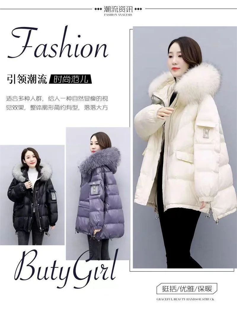 Down Cotton Jacket 2026 New Women's Mid Length Korean Version Loose Fitting Thick Jacket Large Woolen Collar Winter Hooded Outfi