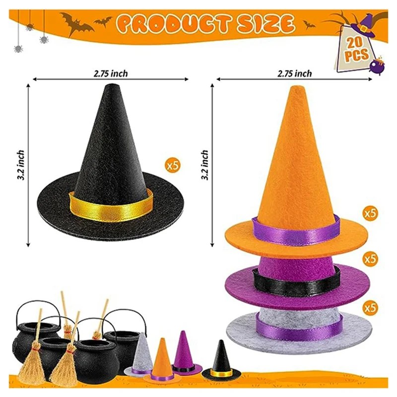 หมวกแม่มดขนาดเล็ก23ชิ้นหมวกแม่มดฮาโลวีนผ้าสักหลาด4สีสำหรับตกแต่งขวดไวน์ฮาโลวีน