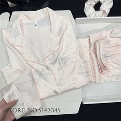 New Women's Pajamas Set Loungewear Elegant Print Floral Rhinestones Sleepwear Pijamas Suit Loose Silk Satin Homewear Lingerie
