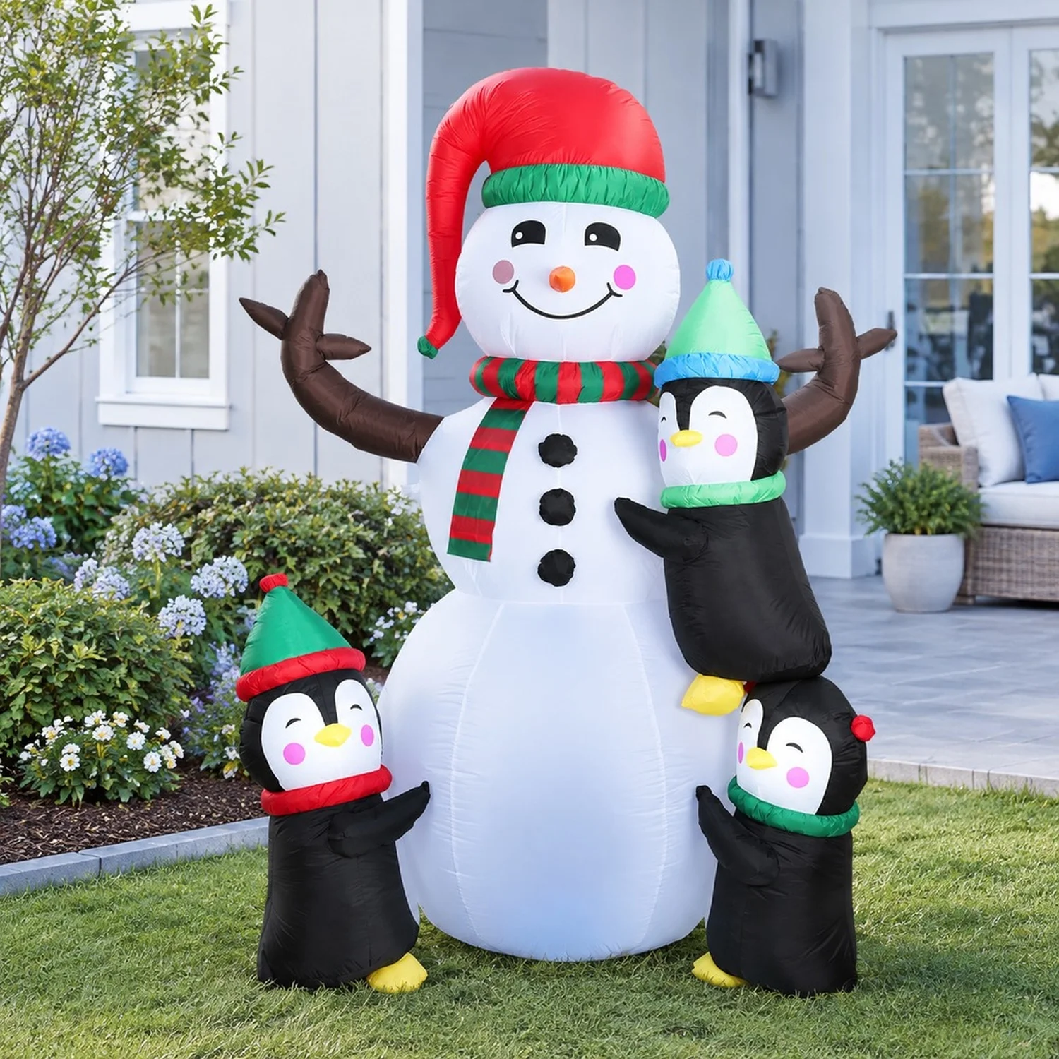 5.9FT Christmas Inflatable Decoration - Snowman & 3 Penguins with 5 LED Lights Includes Stakes/Ropes/Sandbags for Yard, Garden