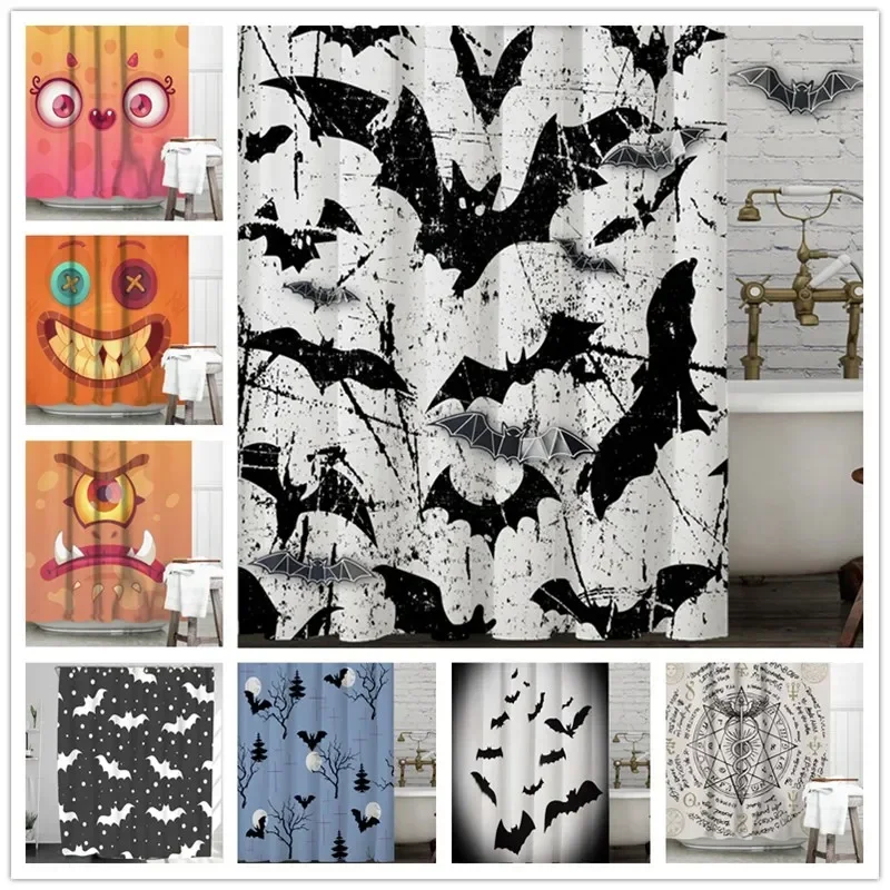 Home Decor Halloween Leprechaun Black and White Bat Shower Curtain Pop Fabric Bathroom Shower Curtain cortina de la ducha