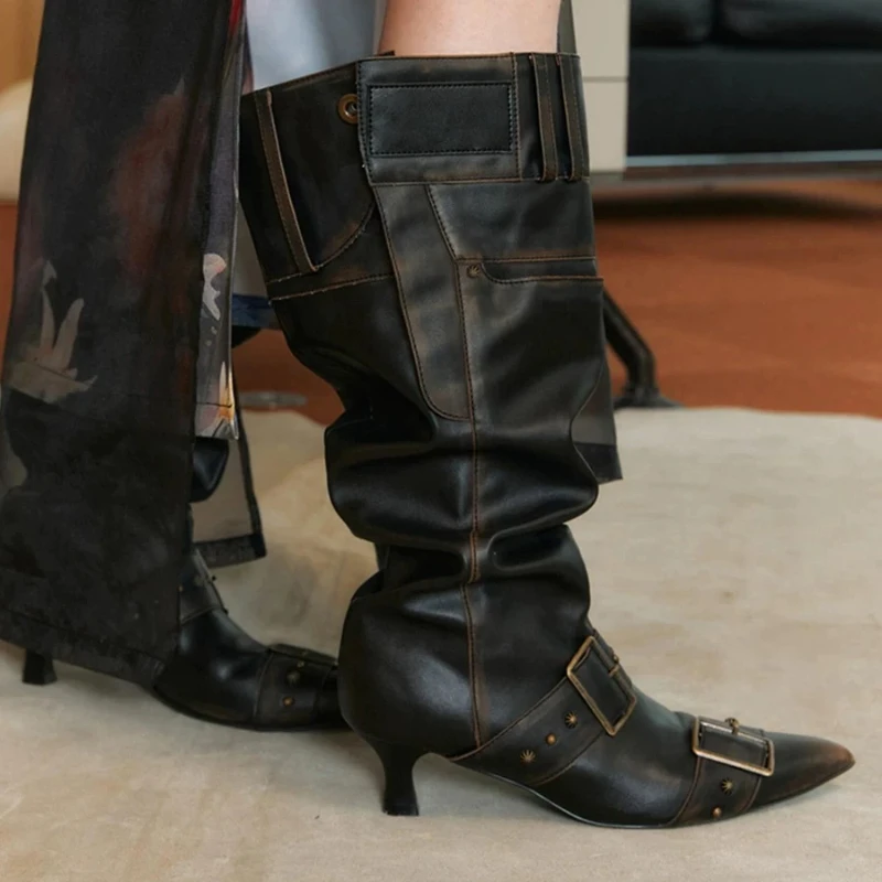 Star Style Fashion Pointed Toe Belt Buckle Metal Rivet Women Knee High Boots Autumn Winter Patent Leather High Heels Boots Shoes