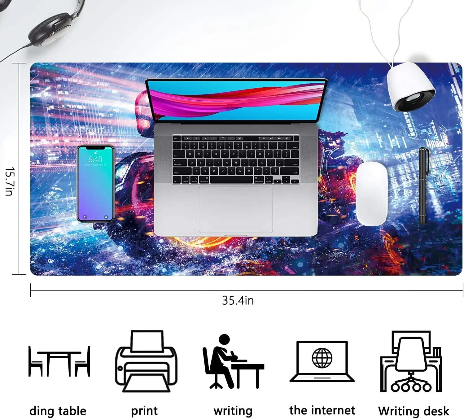 لوحة ماوس ألعاب كبيرة ممتدة لفتاة الدراجة النارية في مدينة الخيال العلمي مقاس XXL لوحة مفاتيح ماوس حصيرة لوحة مكتب 35.4 × 15.7 بوصة