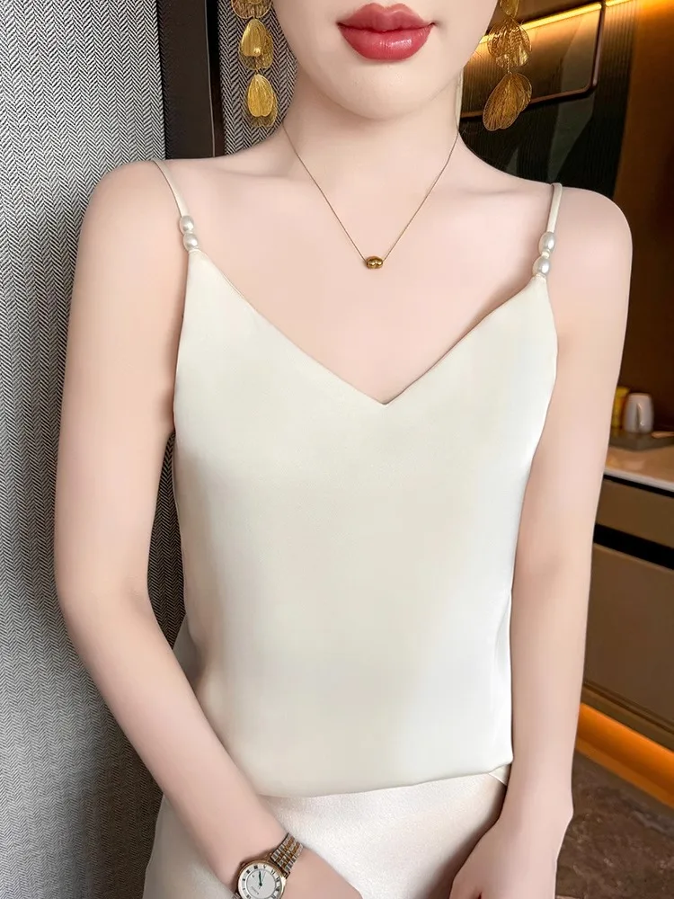 Letnia kolekcja 2025: Damska bluzka na ramiączkach z satyny i acetatu z perłami, mały top typu tank, elegancki dekolt w serek, bielizna kąpielowa, uniwersalny kolor.