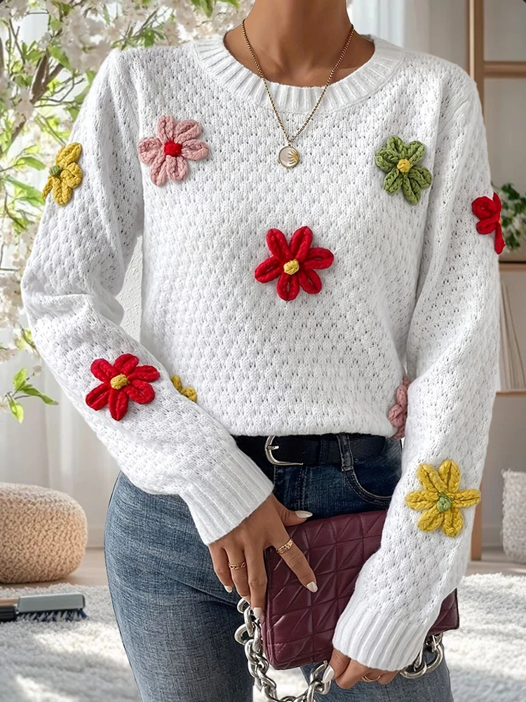 البوب المرأة الجديدة زين الأزهار التطريز طويلة الأكمام سترة البلوز أنيقة جولة الرقبة بلون قمم الخريف الشتاء الترويج #2