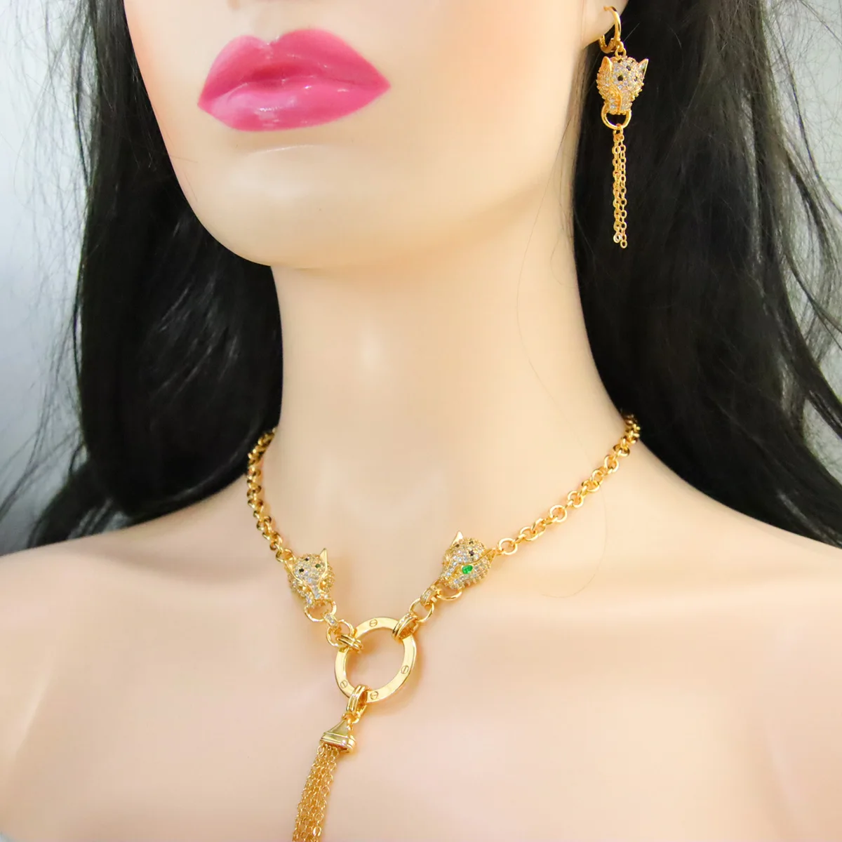 Luxury Dubai Gold Color Leopard Jewelry Set 21k Gold Plated Zircon Panther Necklace Bracelet Earrings Punk Vintage Jewelrys