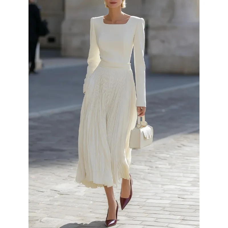 

Tinaa White Square Neck Long Dress Women 2026 Spring Autumn Office Lady Patchwork Pleated Hem Long Sleeve Max Dresses 197520