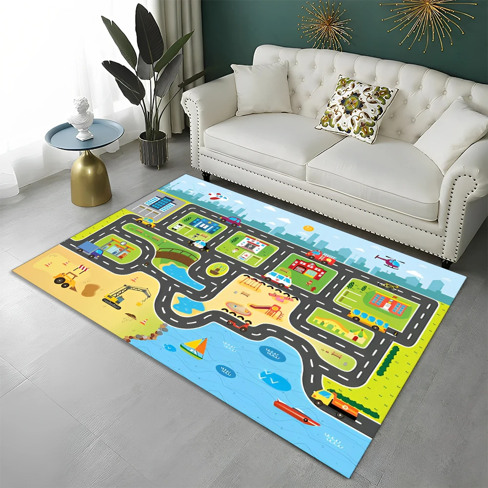 Highway City Child Playmat Traffic Playroom Carpet Rug for Home Living Room Bedroom Doormat Decor, Area Rug Non-slip Floor Mat