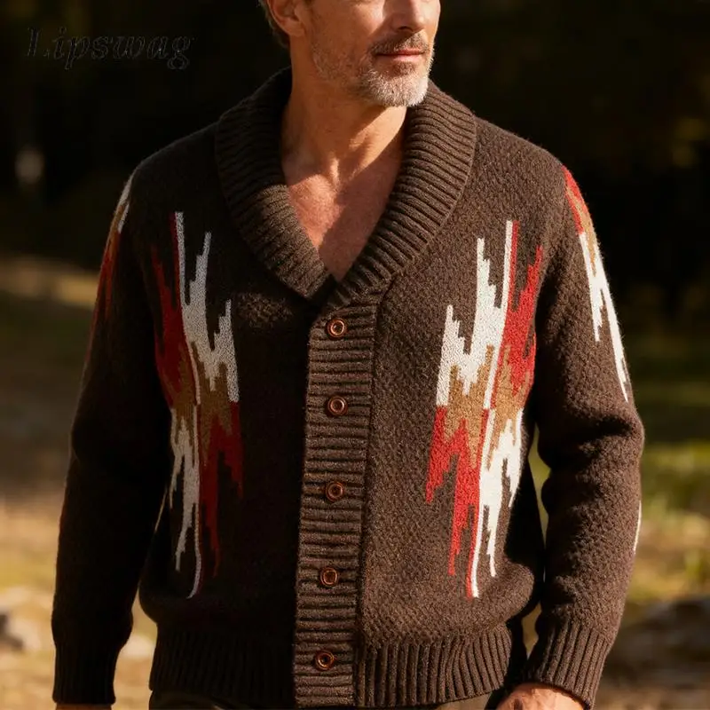 

Стильный мужской свитер на пуговицах с лацканами, кардиганы, осень-зима, уличные повседневные утолщенные теплые вязаные куртки, мужские винтажные пальто с геометрическим рисунком