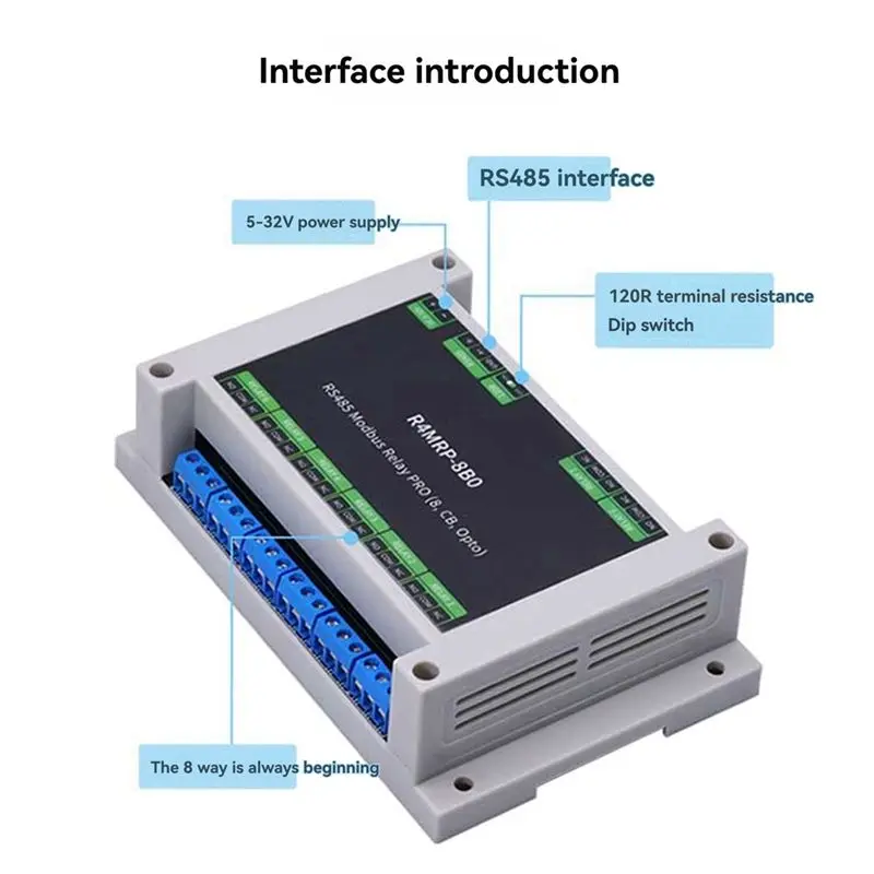 DT17 Industrial Control Board 8CH Relay, RS485 Modbus RTU Protocol, Optocoupler Isolation, 5-32V DIN Rail