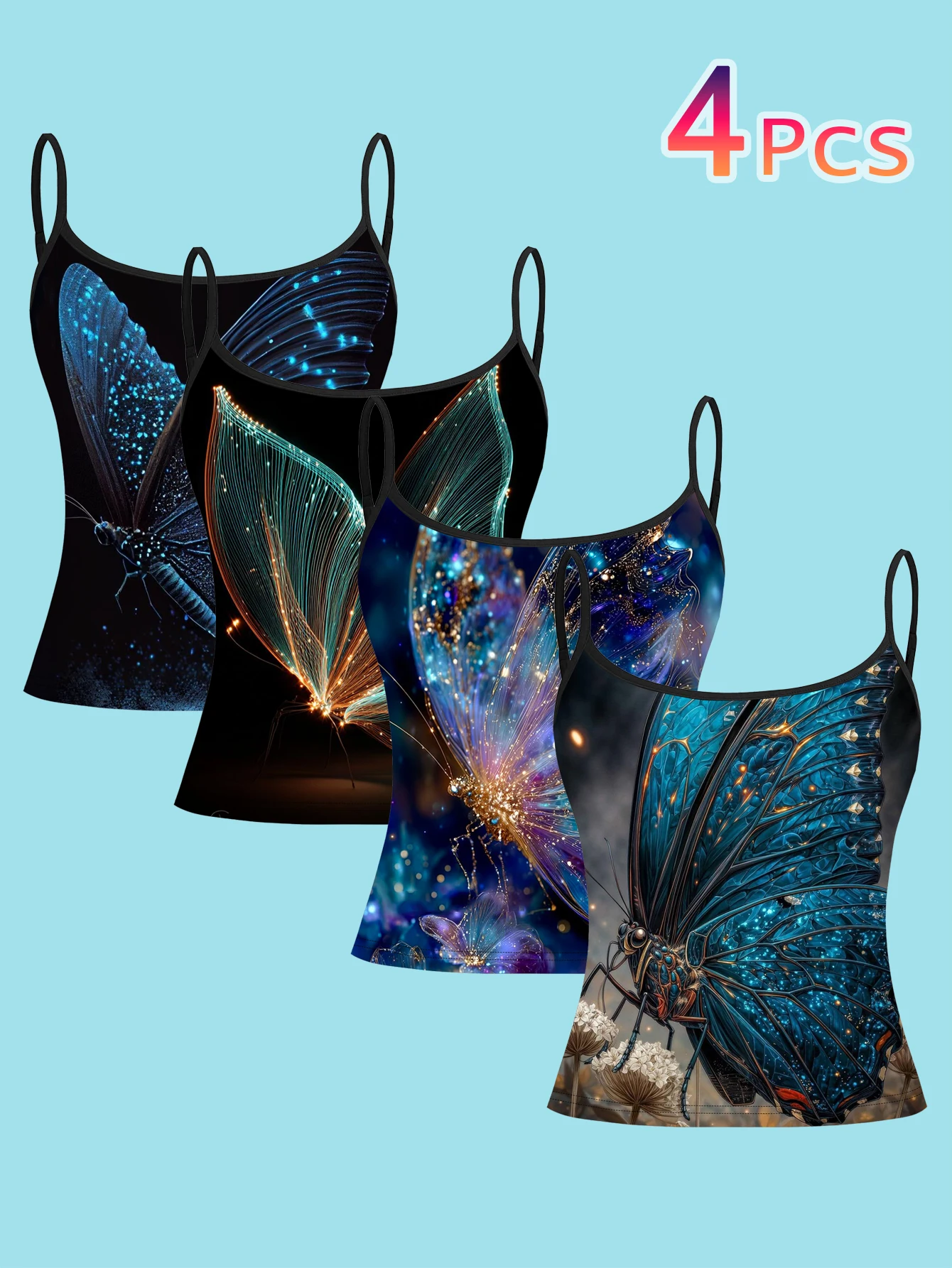 4-Piece Set of Colorful Starry Sky Butterfly Camisole Set with Beautiful Artistic Large Butterfly Pattern for Women's Inner Wear