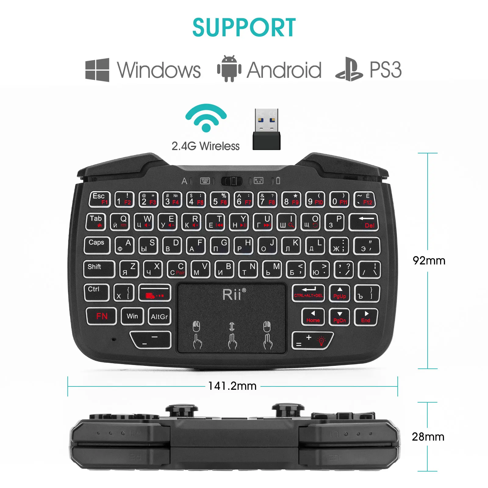 Rii-miniteclado inalámbrico RK707, portátil y ligero con panel táctil incorporado, para Android, Windows TV, PS4, PC,IPad