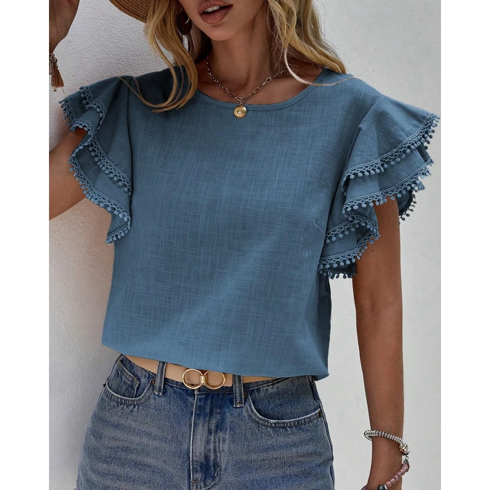 

Women Summer Batwing Blouse with Lotus Leaf Trim – Round Neck Short Sleeve T-Shirts New Arrival Vacation