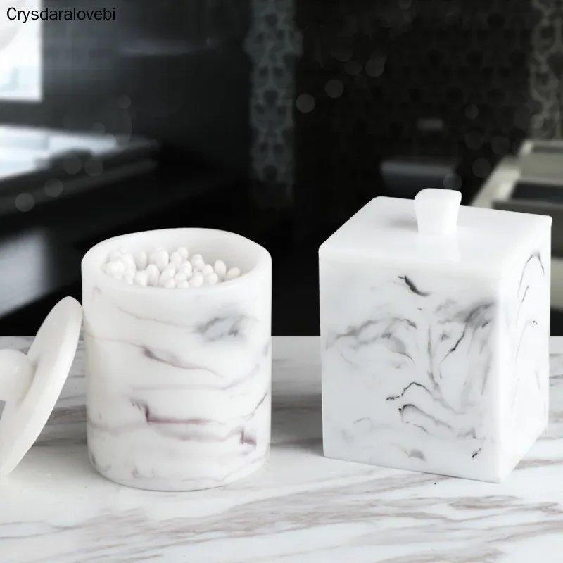 Nordic Creative Round Resin Marble Texture Cotton Swab Box Home Living Room Toothpick Box Desktop Double Grid Storage Box