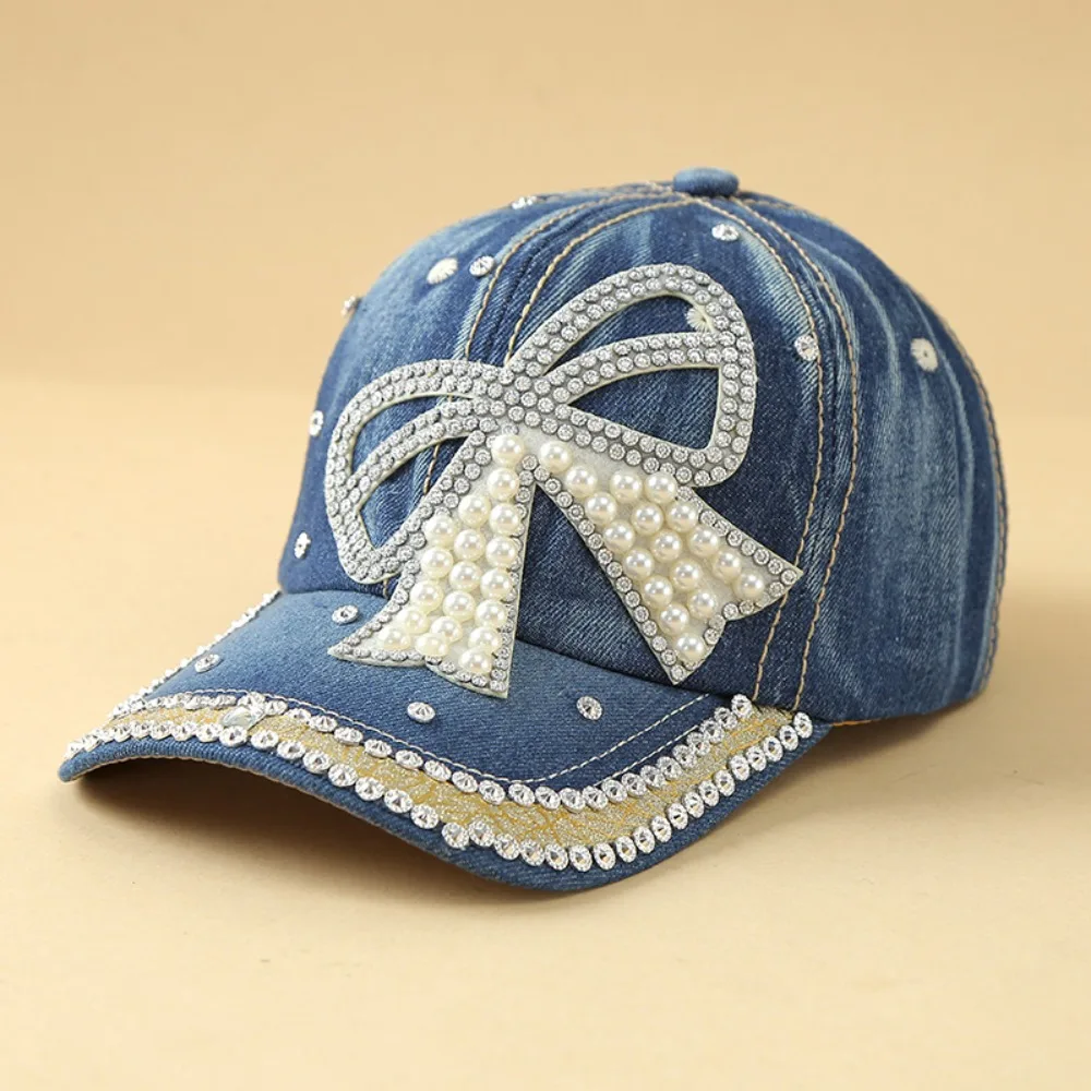 

Fashion Adjustable Denim Baseball Cap with Pearl Embellished Sun Protection Peaked Cap Bow Versatile Hip Hop Hat Outdoor