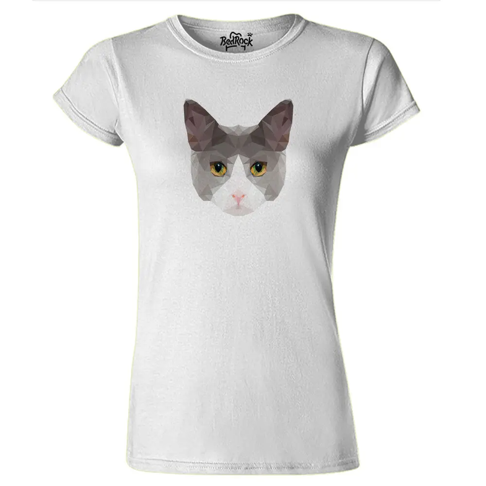 Womens Polygon Cat Face T Shirt Puss Moggy Pet  High Quality 100%Cotton Short Sleeve