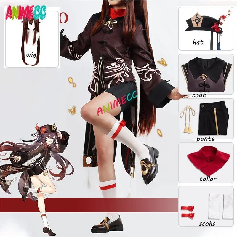 

ANIMECC Hu Tao Ganshin Impact Cosplay Costume Wig Rings Hat Anime Game HuTao Cos Outfit Halloween Party Costume for Women Men