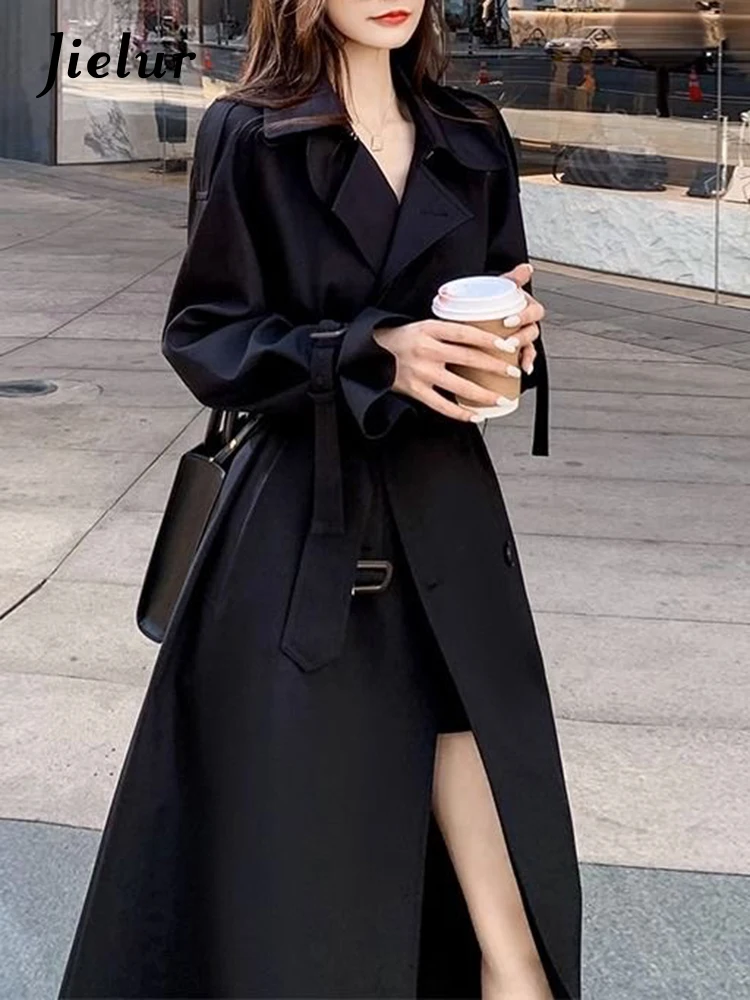 Jielur Classic Black Chic Loose Slim Waist Female Trench New Fashion Button Pockets Basic Simple Casual Solid Color Women Trench