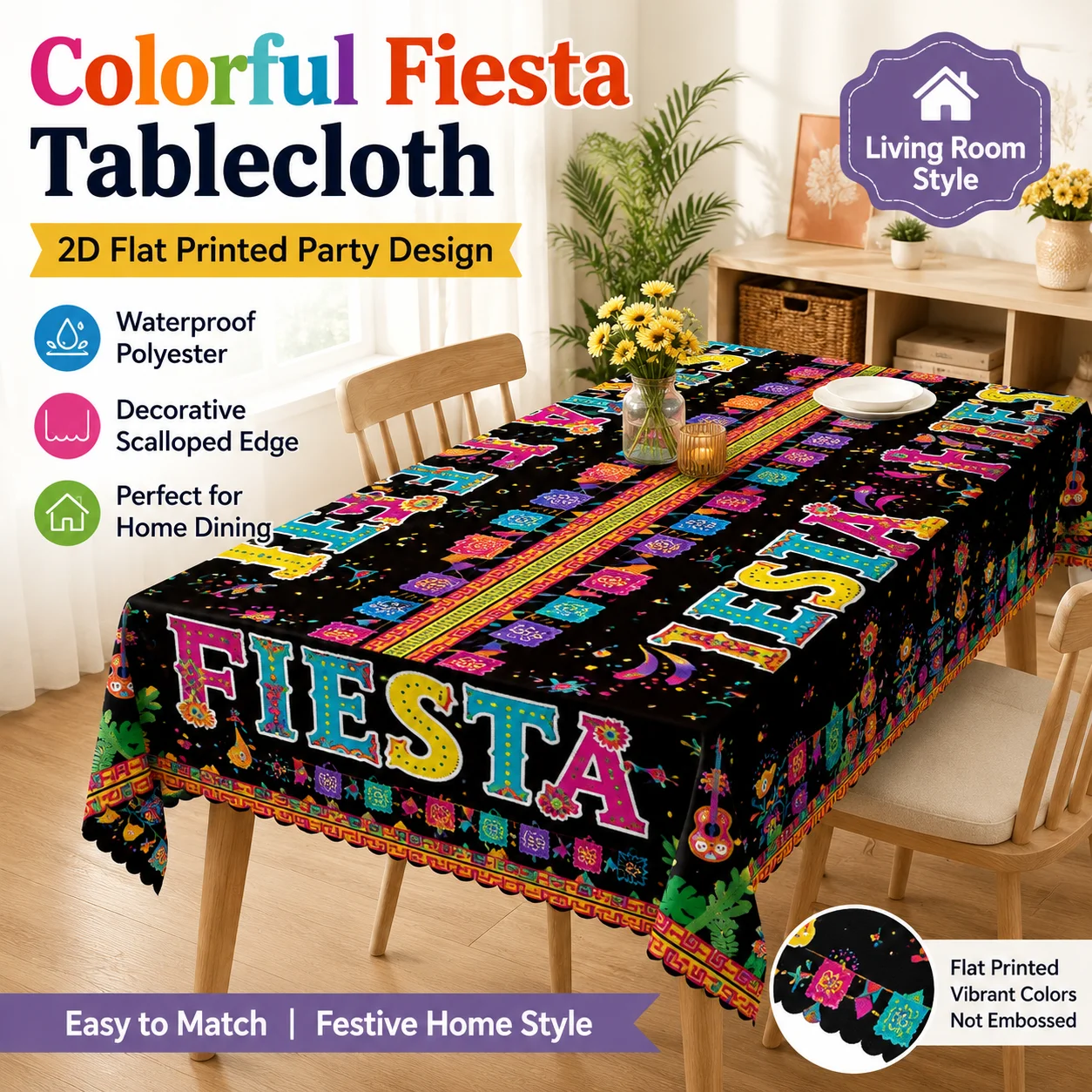 

Colorful Fiesta Waterproof Polyester Tablecloth 2D Flat Printed Mexican Party Table Cover For Dining Room Home Decor Banquet