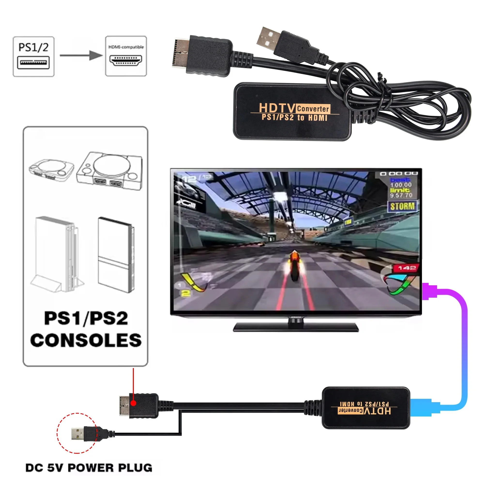 Para PS1 adaptador HDMI 1080P para PS2 a TV Cable convertidor HDMI para consolas de juegos PS2 PS1 PlayStation con Cable de alimentación USB portátil