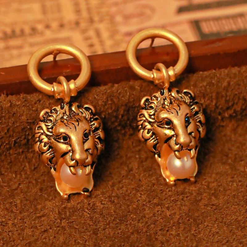 

Fraya 2024 New Fashion Lion Head Drop Earrings Pearl Animal Unusual Earrings 18k Gold Plated S925 Silver Needle 18K Gold Plated