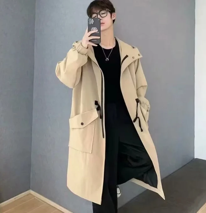 2023 Men\'s Windbreaker Jacket Long Trench Oversize Loose Streetwear Hooded Vintage Black Coats High Street Casual Male Outerwear