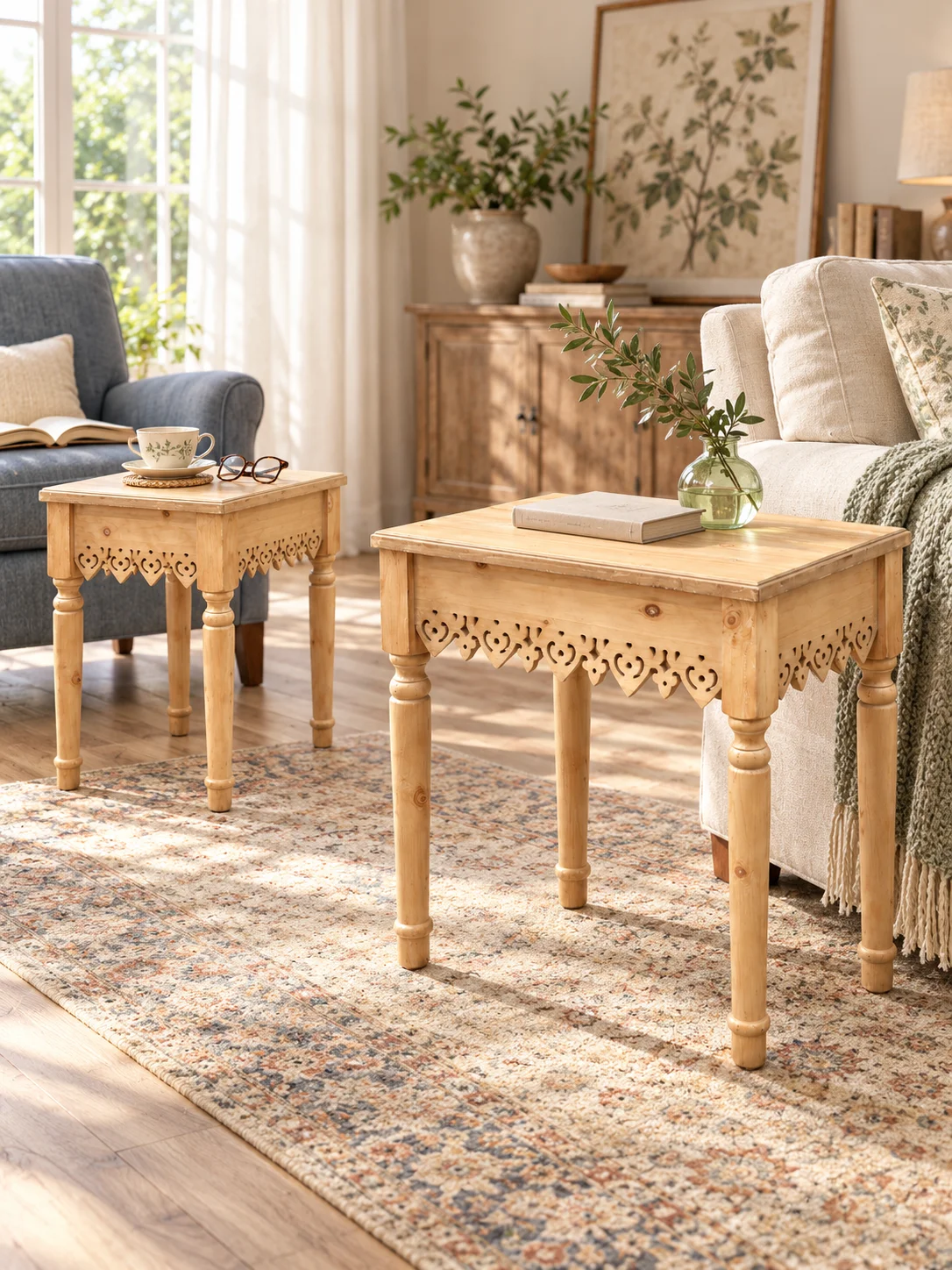 Nesting Side Tables Set of 2, Carved Fir Wood, Hand-Distressed Vintage Accent End Tables for Living Room