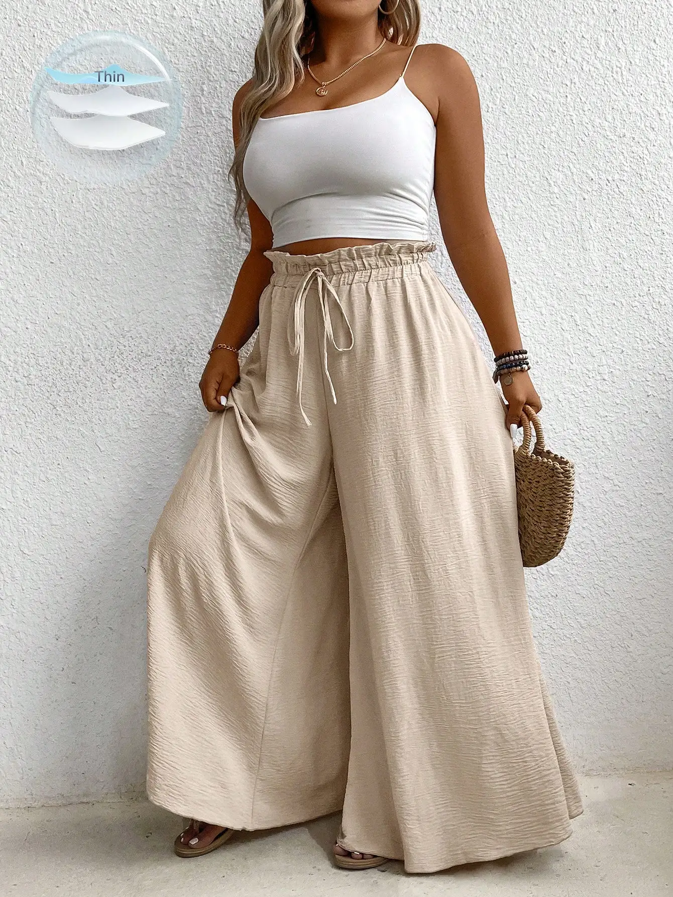 

Plus Size Casual Solid Color Textured Wide Leg Pants Fall Cloth For Women