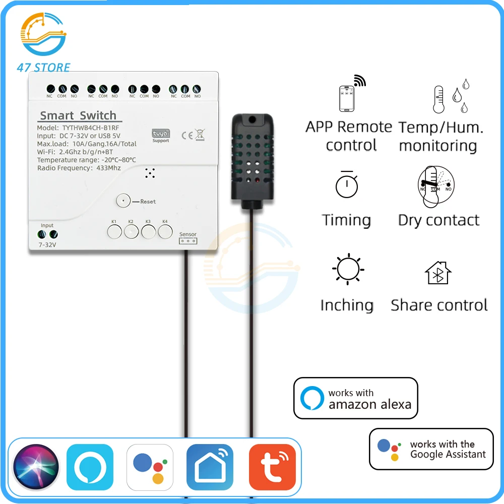 Tuya Smart WiFi 4 Channel Relay With Temperature Humidity Sensor Passive Dry Contact Switch DC 7-32V Alexa Alice Compatible