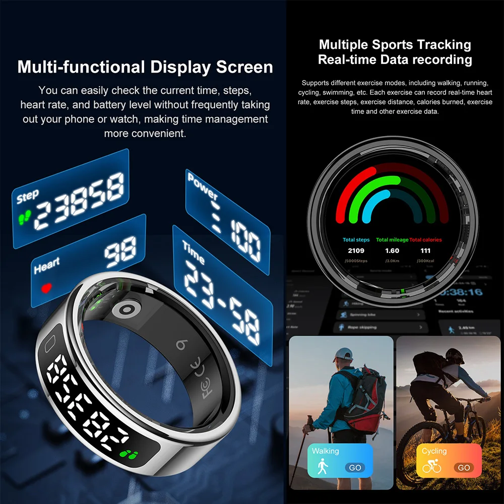 R11C Smart Display Screen Smart Ring 1ATM Waterproof Stainless Steel Intelligent Touch Heart Rate Blood Oxygen Stress Monitor