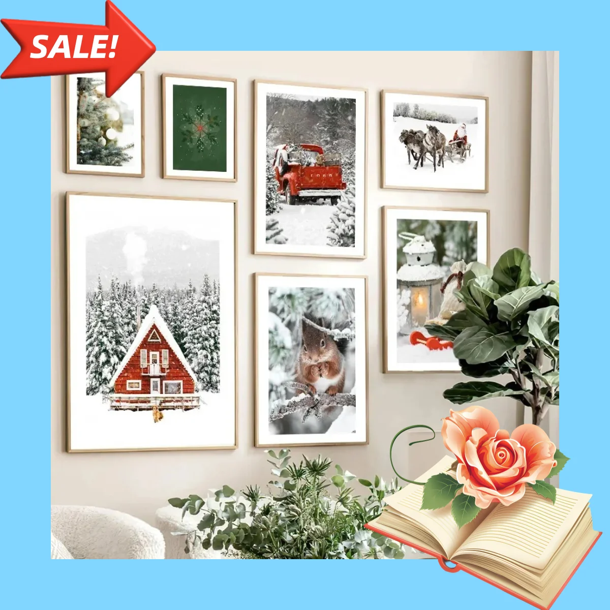 Red House Gift Car Snowman Tree Reindeer Santa Squirrel Christmas Poster Print Canvas Painting Wall Art Pictures For Home Dec