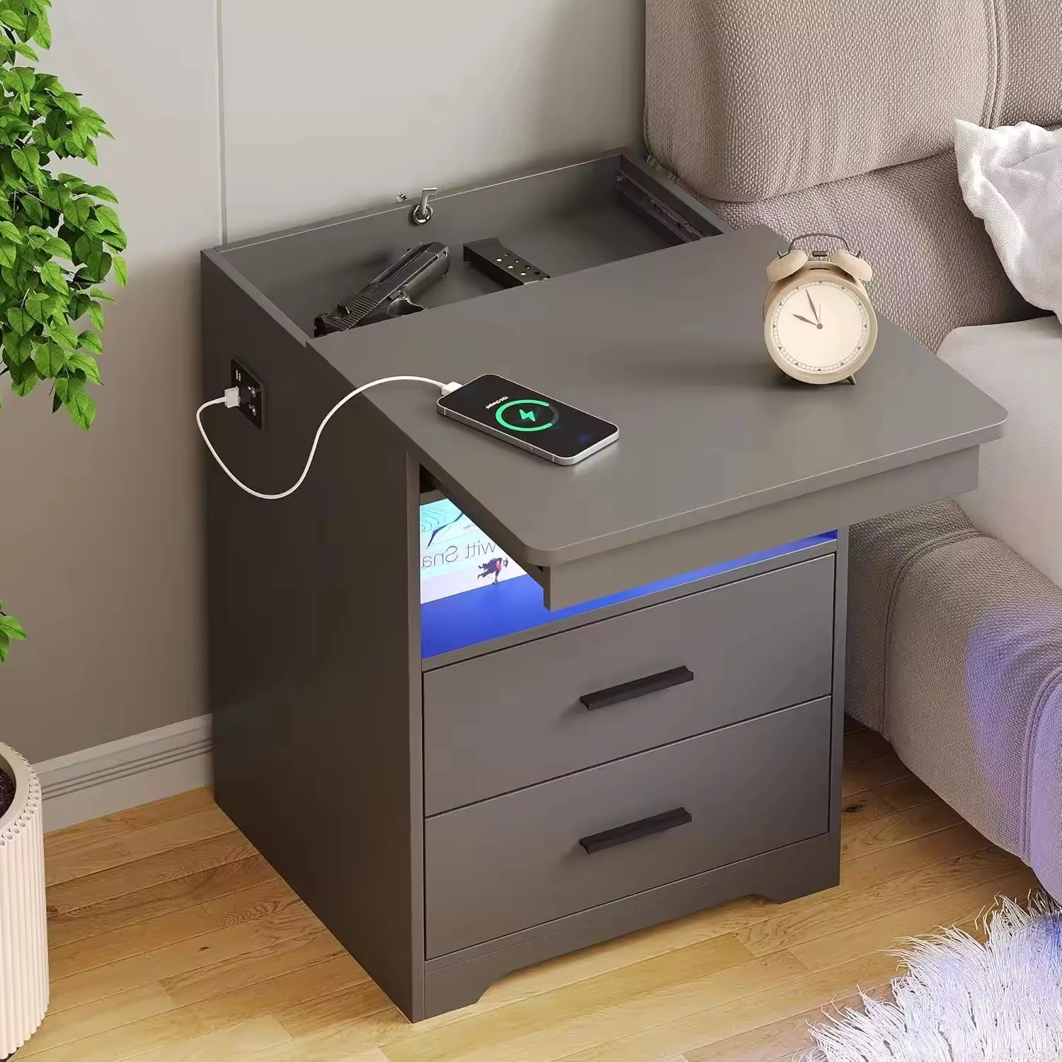 #Customizable Smart Bedside Table 2 Drawers Hidden Storage Compartment Wireless Charging Sensor Design LED Apartment Hotel